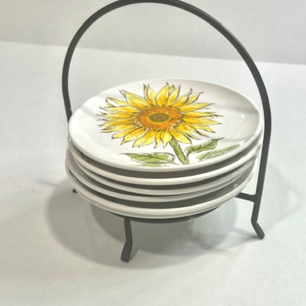 Signature Hoursewares Stoneware Plate Set of 6 W/ Metal Caddy Sunflower Design - Picture 3 of 14